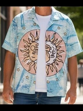 Nova Men Light Blue Sun Moon Short Sleeve Shirt Polyester Blend Large Hawaiian